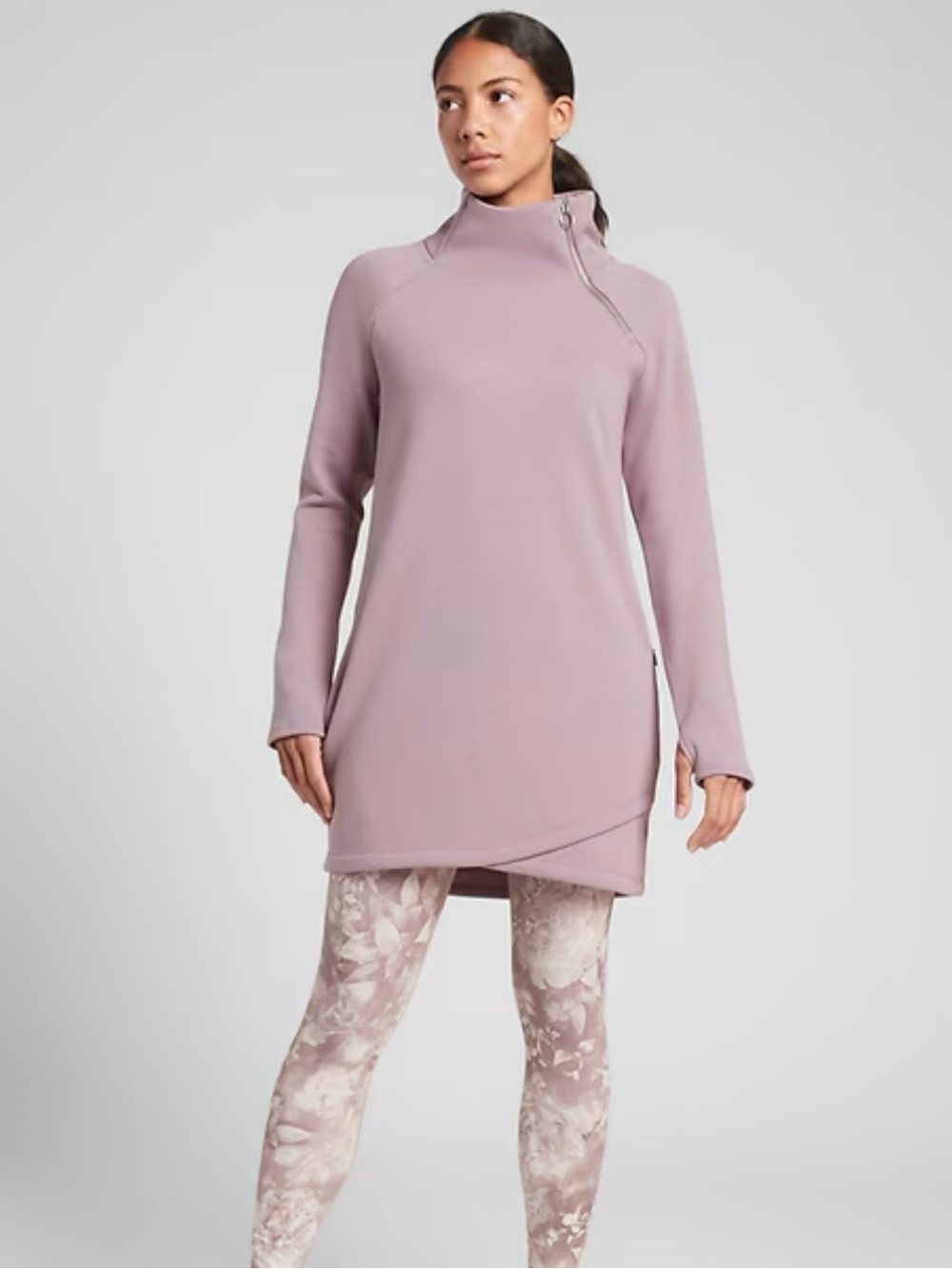Athleta Cozy Karma Asym Sweatshirt Dress Mauve Zip Neck Thumbholes Zip Pockets